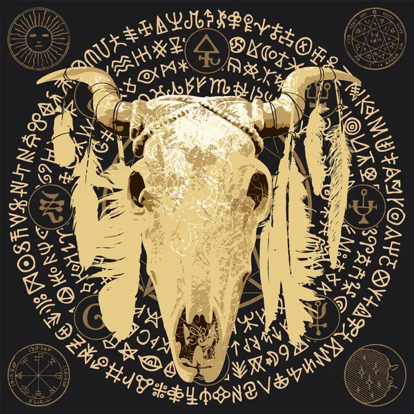 ペンタグラム オカルト 魔女のサインが付いている角の牛または雄牛の頭蓋骨のベクトルのイラスト サークルで書かれたサタニズムのバホメットと魔法のルーン ロイヤリティフリーのストックイラスト