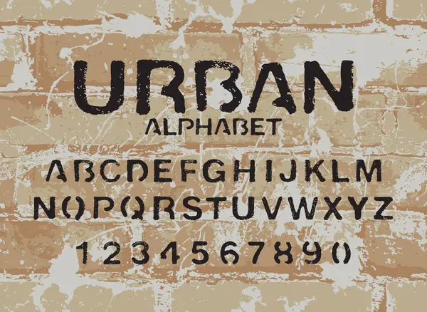 拉丁字母的一组字母和数字 字体城市模板 带有灰泥风格 砖墙背景 免版税图库矢量图片