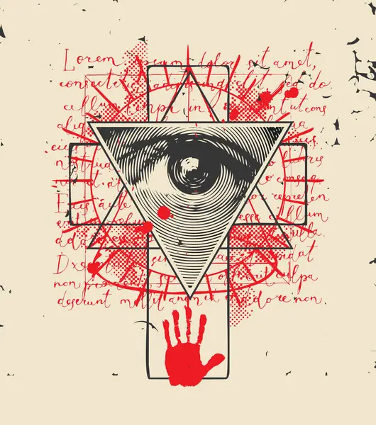 フリーメーソンの三角形の人間の目と抽象的な十字架 手書きのテキストロレムイプスムと赤い滴とデイヴィッド星古い紙の背景 宗教的なテーマに関する創造的なベクトルバナーまたはイラスト ストックイラスト