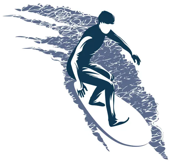 Vector Black White Drawing Surfer Board Riding Waves Sea Vector Graphics
