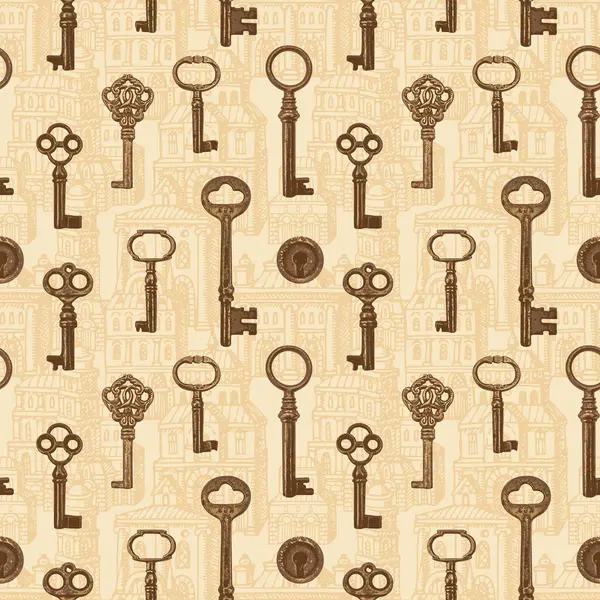 Seamless Pattern Old Wintage Keys Background Old Hand Drawn Buildings Stock Vector