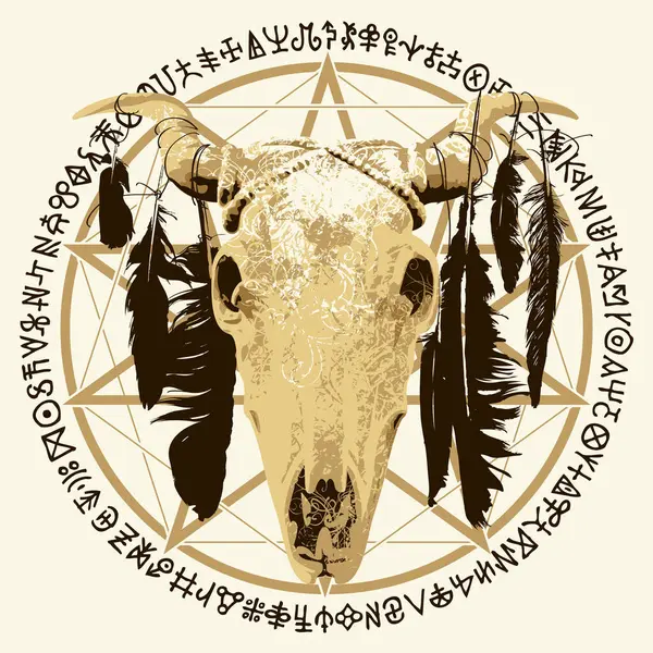 带角的奶牛或头盖骨的病媒图解 带有鸟类羽毛 五芒星 神秘学和巫术符号 撒旦的象征巴霍米特和魔法符咒在一个圆圈里书写 免版税图库矢量图片