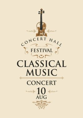 Klasik canlı müzik konserinin renkli posteri. Vektör afişi, el ilanı, davetiye, bilet veya keman retro tarzı reklam afişi