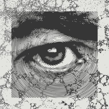 Soyut kare pankart, geniş açık bir insan gözü ve yakın planda bir kaş, küçük siyah kaplamalı eski bir kağıttaki çizgilerden yapılmış. Tek renkli vektör illüstrasyonuName