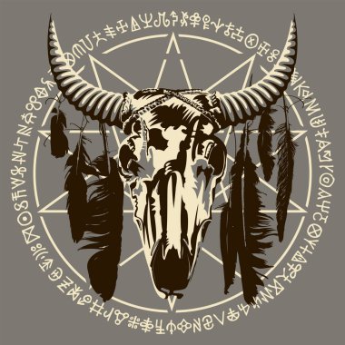 Boynuzlu inek ya da karga tüylü boğa kafatası, pentagram, okült ve cadılık işaretli vektör çizimi. Satanizmin sembolü Baphomet ve daire şeklinde yazılmış sihirli rünler.