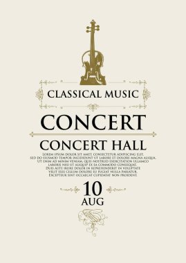 Klasik canlı müzik konserinin renkli posteri. Vektör afişi, el ilanı, davetiye, bilet veya keman retro tarzı reklam afişi