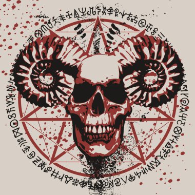Boynuzlu insan kafatasının vektör çizimi, pentagram, okült ve cadılık işaretleri grunge tarzında. Satanizmin sembolü Baphomet ve daire şeklinde yazılmış sihirli rünler..
