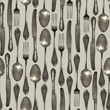 Çatal bıçak ve çatal kaşıkla klasik tarzda kusursuz desen. Eski duvar kağıdı, ambalaj kağıdı, kumaş için uygun.