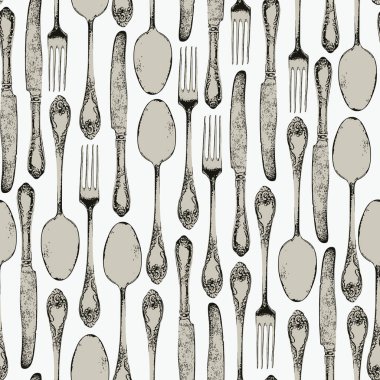 Çatal kaşıkla çatal kaşıkla ve bıçakla klasik tarzda kusursuz desen. Eski duvar kağıdı, ambalaj kağıdı, kumaş için uygun.