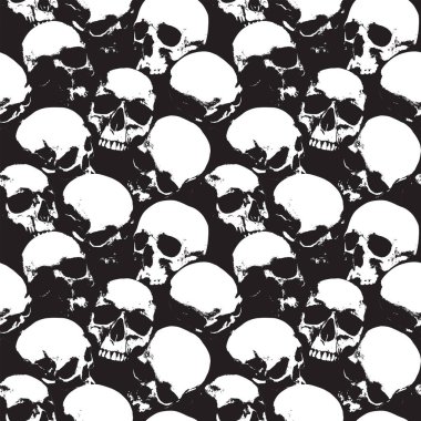 İnsan kafatasları ile kusursuz desen. Geriye dönük gülümseyen kafatasları olan uğursuz bir arka plan. Giysiler, kumaş, duvar kağıdı, ambalaj kağıdı için grafiksel baskı