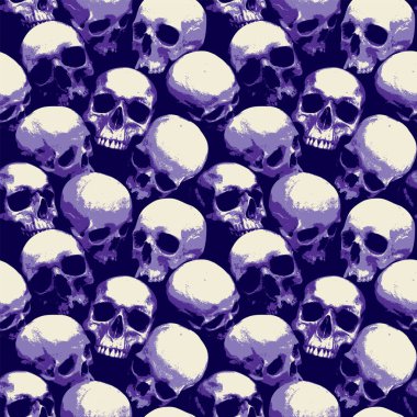 İnsan kafatasları ile kusursuz desen. Geriye dönük gülümseyen kafatasları olan uğursuz bir arka plan. Giysiler, kumaş, duvar kağıdı, ambalaj kağıdı için grafiksel baskı