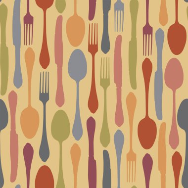 Renkli çatal kaşıkla ve bıçak ile klasik tarzda vektör pürüzsüz desen. Eski duvar kağıdı, ambalaj kağıdı, kumaş için uygun.