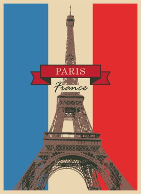 Paris 'teki Eyfel Kulesi' nin arka planında klasik Fransız bayrağı olan vektör kartpostalı.