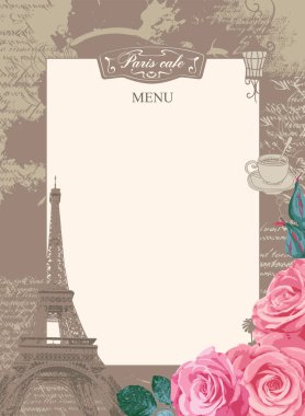 Paris Eyfel Kulesi ve eski tarz pembe güllerle Fransa temalı bir restoran menüsünün fiyat listesi için çerçeve. Bir aşk notunun taklidi Lorem Ipsum