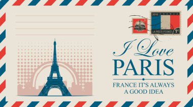 Paris 'teki Eyfel Kulesi' ni resmeden eski bir zarf. Güneşin arka planında Fransız posta pulu, kauçuk damga ve Paris yazısını seviyorum.