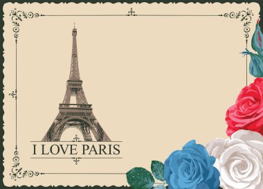 Paris, Fransa 'da Eyfel Kulesi' nin olduğu Retro kartpostal. Klasik tarzda romantik bir kartpostal Fransa bayrağı gülleri ve Paris 'i sevdiğim sözcükler.