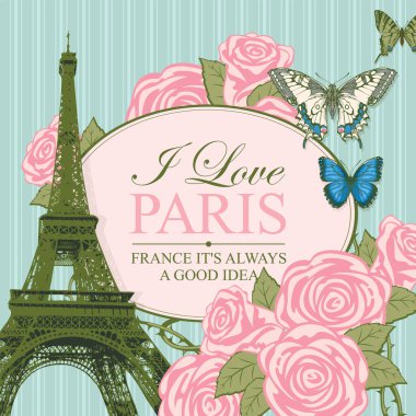 Ünlü Eyfel Kulesi 'nin olduğu Fransız kartpostalı ya da pankartı, çizgili arka planda güzel güller ve kelebekler. Klasik tarzda, oval çerçevede Paris 'i seviyorum sözleriyle kız vektör illüstrasyonu