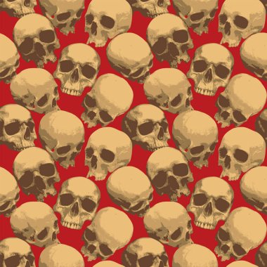 İnsan kafatasları ile kusursuz desen. Geriye dönük gülümseyen kafatasları olan uğursuz bir arka plan. Giysiler, kumaş, duvar kağıdı, ambalaj kağıdı için grafiksel baskı