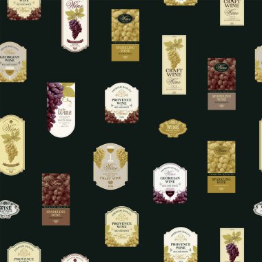 Seamless pattern with ornate wine labels in retro style. Repeating vector background on the theme of wine and wineries. Suitable for vintage Wallpaper, wrapping paper, fabric clipart