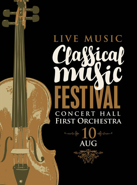 Poster of a classical live music concert with realistic violins in vintage style end text. Vector banner, flyer, invitation, ticket or advertising banner