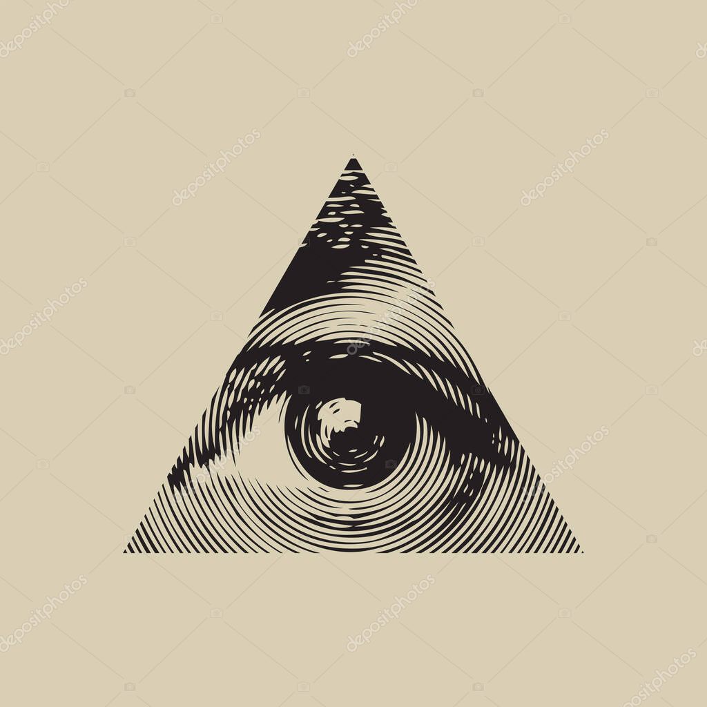 The eye of Providence in a triangular pyramid. Monochrome icon of the Masonic sign of the All-Seeing Eye of God on white background. Vector banner in vintage style