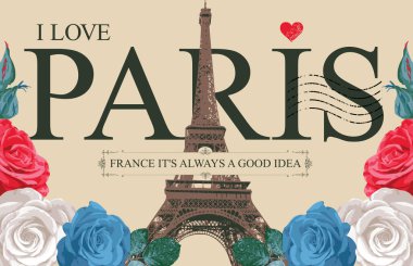 Paris, Fransa 'da Eyfel Kulesi' nin olduğu Retro kartpostal. Klasik tarzda romantik bir kartpostal Fransa bayrağı gülleri ve Paris 'i sevdiğim sözcükler.