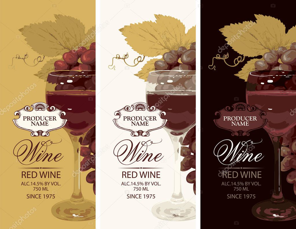 Set wine labels with realistic bunches of delicious red grapes and wine glas on black, white and gold backgrounds. Vector illustration. Collection of quality wines