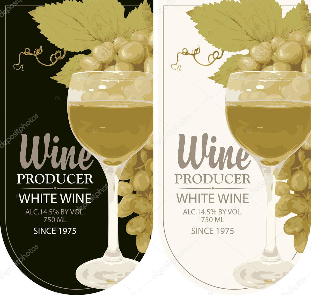 Set wine labels with realistic bunches of delicious green grapes and wine glass on black and white backgrounds. Vector illustration. Collection of quality wines