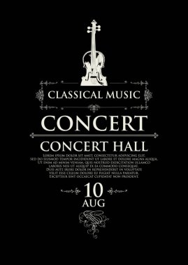 Retro tarzında bir klasik canlı müzik konserinin Vector Black ve White Posteri. Vektör afişi, el ilanı, davetiye, bilet veya kemanlı reklam afişi