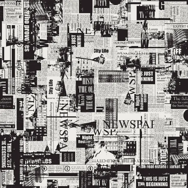 Gazete ya da dergi küpürlerinden oluşan kolajlı kusursuz desen. Başlıkları, illüstrasyonları ve metin taklidi ile retro grunge tarzında vektör arkaplanı. Duvar kağıdı ve ambalaj kağıdı için uygun