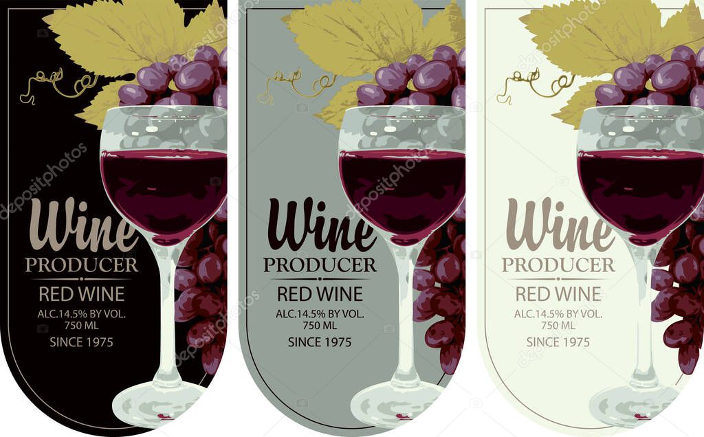 Set wine labels with realistic bunches of delicious red grapes and wine glass on black, white and silver backgrounds. Vector illustration. Collection of quality wines