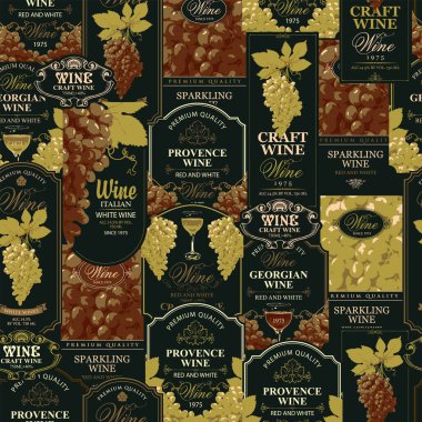 Eski tarz süslü şarap etiketleriyle kusursuz bir desen. Şarap ve şarap teması için vektör arkaplanı tekrarlanıyor. Eski duvar kağıdı, ambalaj kağıdı, kumaş için uygun.