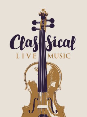 Klasik tarz son metinde gerçekçi kemanlar olan klasik bir canlı müzik konserinin posteri. Vektör afişi, el ilanı, davetiye, bilet veya reklam afişi