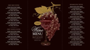Bir restoran ya da bar için fiyat listesiyle birlikte bir bardak kırmızı şarap ve siyah arka planda bir demet üzüm içeren vektör şarap menüsü şablonu. Broşür, broşür, broşür ve web sitesi sayfası için uygun