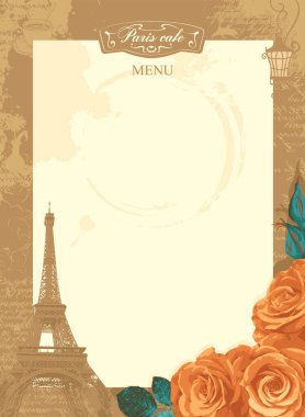 Paris Eyfel Kulesi ve eski tarz pembe güllerle Fransa temalı bir restoran menüsünün fiyat listesi için çerçeve. Bir aşk notunun taklidi Lorem Ipsum
