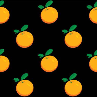 Siyah arka planda turuncu tadı olan meyvesiz şekiller. Turunçgil meyveli düz bir yaz vektör arka planı. Duvar kağıdı, ambalaj kağıdı, kumaş için uygun.