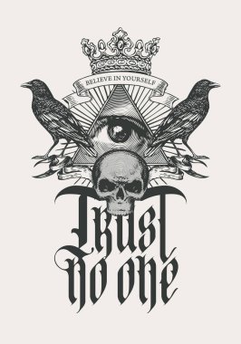 Vector coat of arms with Masonic symbol All-seeing eye of God, crown, black ravens and human skull. Black-white banner in retro style with eye of Providence and inscription gothic font Trust no one clipart