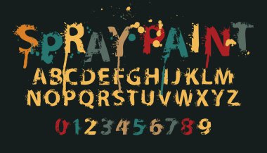 Soyut harflerle, lekeli ve damlalı grunge harfleriyle sprey boya. Alfabe harflerinin vektör kümesi ve siyah arkaplanda renkli boyayla yazılmış sayılar. Sıçrayan yazı tipi