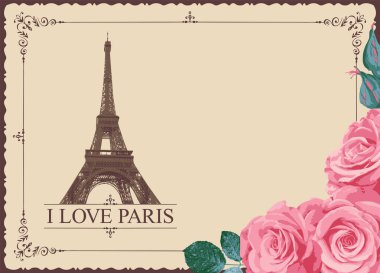 Paris, Fransa 'da Eyfel Kulesi' nin olduğu Retro kartpostal. Romantik vektör kartpostalı pembe güller ve eski bir kağıdın arkasında Paris 'i çok sevdiğim sözcükler.