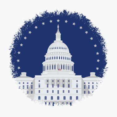 Washington, DC 'deki Amerikan Kongre Binası' nın resmi olan vektör pankartı. Capitol 'ün batı cephesi. Amerikan simgesinin geçmişe dönük çizimi