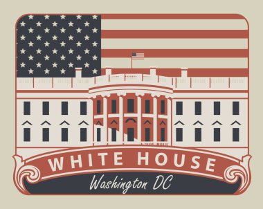 Washington DC 'deki Amerikan Beyaz Saray' ının geçmişe dönük Amerikan bayrağının arkaplanındaki görüntüsü ve yazıtları içeren vektör illüstrasyon afişi