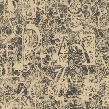 Soyut, pürüzsüz desenli, kaotik katmanlı eski harf elementleri, çiçek grunge süsü. Yaratıcı modern tasarımda arka plan sanatı. Duvar kağıdı, ambalaj kağıdı veya kumaş için uygun