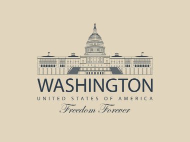 Vektör banner veya kart ile bukleler ve bize Capitol binası, Washington Dc, retro tarzı çizim kontur kelime özgürlük sonsuza kadar. Amerikan Simgesel Yapı.