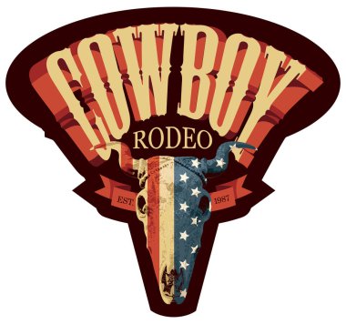 Kovboy Rodeo gösterisi için vektör amblemi. Amerikan bayrağı ve eski tarz harflerle boğa kafatasıyla dekoratif illüstrasyon. Pankart, logo, davetiye, el ilanı, etiket, dövme, tişört tasarımı için uygun