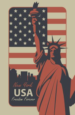 New York gökdelenlerinin arka planında Özgürlük Heykeli olan Amerikan bayrağı. Vektör pankartı, poster, broşür, tişört tasarımı, tebrik kartı veya tasarım ögesi düz stil