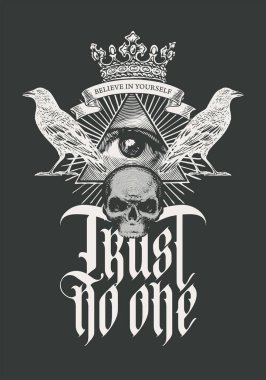 Vector coat of arms with Masonic symbol All-seeing eye of God, crown, white ravens and human skull. Black-white banner in retro style with eye of Providence and inscription gothic font Trust no one clipart