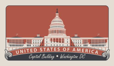 Üzerinde yazılar olan vektör pankartı ve Washington DC 'deki ABD Kongre Binası' nın eski tarz görüntüsü