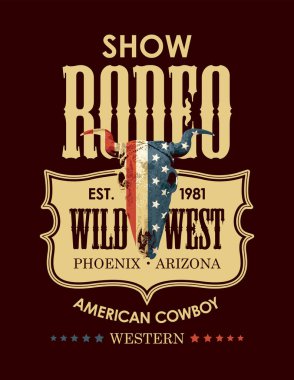 Amerikan Kovboy Rodeo şovu için pankart. Amerikan bayrağı ve siyah arkaplanda retro tarzında harflerle boğa kafatasıyla vektör çizimi. Poster, etiket, broşür, davetiye, tişört için uygun