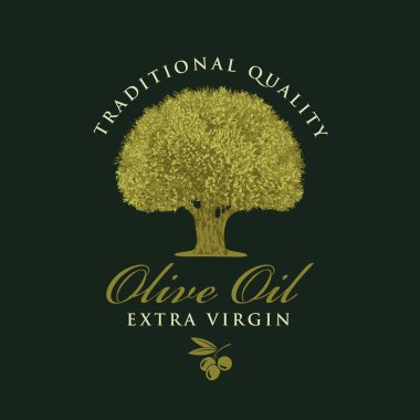 Gerçekçi zeytin ağacı ve siyah arkaplan üzerine retro tarzında el yazması yazmaları olan ekstra bakire zeytin yağı için vektör pankartı veya etiket