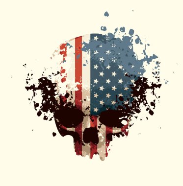 Amerika Birleşik Devletleri bayrağına sahip vektör insan kafatası, benekler ve sıçramalar. Giysiler, kumaş, duvar kağıdı, ambalaj kağıdı, Cadılar Bayramı partisi için tasarım ögesi